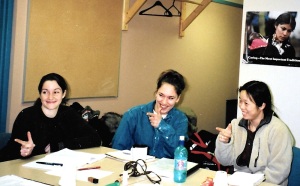 Jocelyn Barrett, Sylvia Cloutier and Siu-Ling Han participate in an exercise during the 1999 Intermediate Inuktitut class at Nunavut Arctic College in Iqaluit, which involves "shooting" the right person, according to the command in Inuktitut. (PHOTO BY JANE GEORGE)