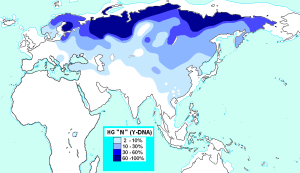 This map shows the spread of the genetic marker Haplo group N "Y", which goes from the northern coast of Scandinavia through Siberia towards North America.